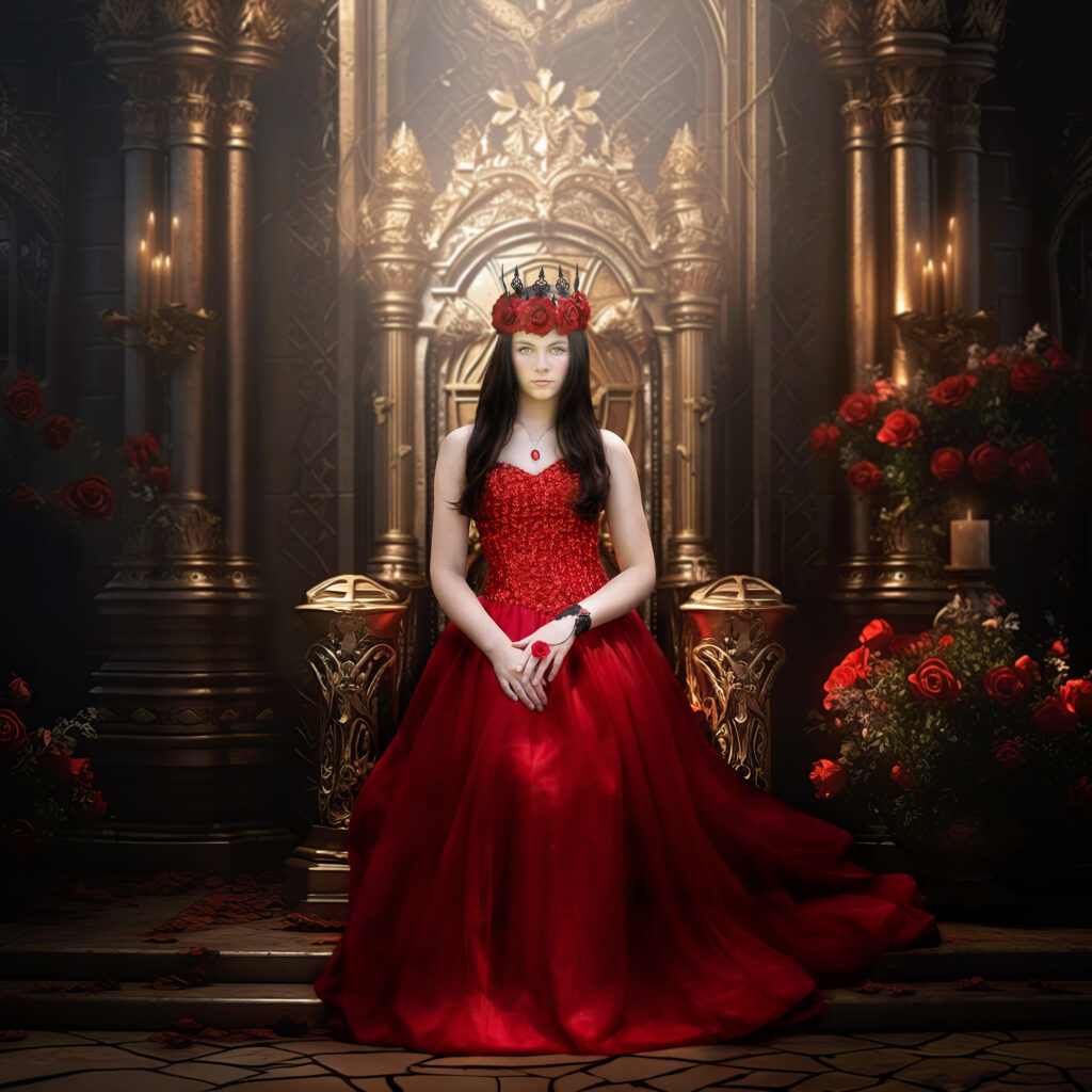 A woman in a red dress and crown sits regally on a throne in an ornate hall adorned with red roses and flickering candles, captured vividly by Longmont photographer Pixelhaus Photography.